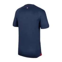 a blue shirt with red accents
