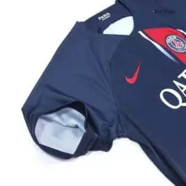 a blue shirt with a red and white logo