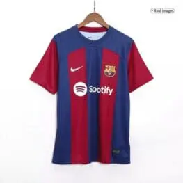 a red and blue sports jersey on a swinger