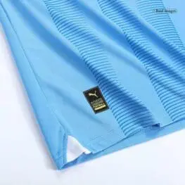 a close up of a blue jersey