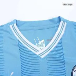 a blue shirt with white stripes