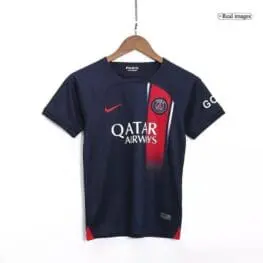 a blue shirt with a red and white logo on it
