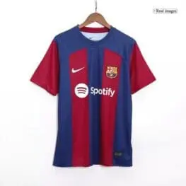 a red and blue sports jersey on a swinger