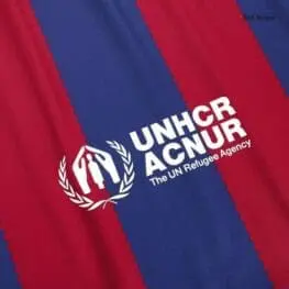 a red and blue striped fabric with white text