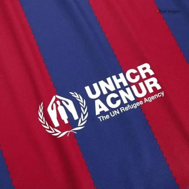 a red and blue striped fabric with white text