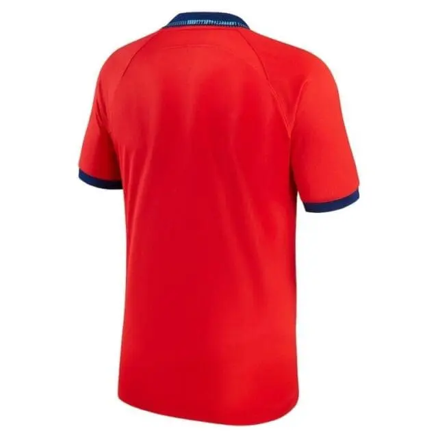 a red shirt with blue trim