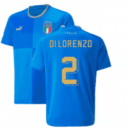 a blue jersey with yellow text and a green stripe