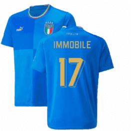 a blue jersey with yellow text and a green stripe