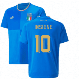 a blue jersey with yellow text and a green stripe