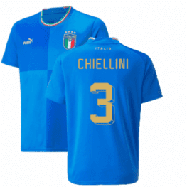 a blue jersey with yellow text and a green stripe