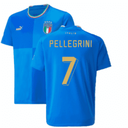 a blue jersey with yellow text and a white stripe