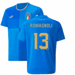 a blue jersey with yellow text and a green stripe