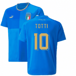 a blue jersey with gold text and a white stripe