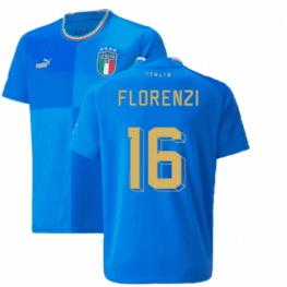 a blue jersey with yellow text and a green stripe