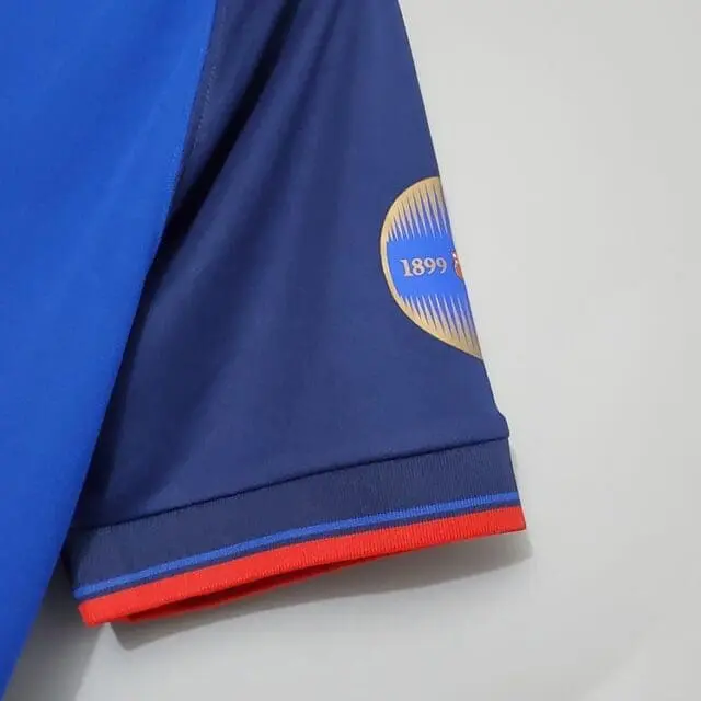 a close up of a blue and red shirt