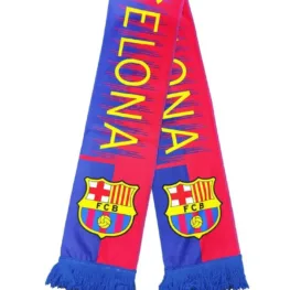 a red and blue scarf with yellow and blue logos