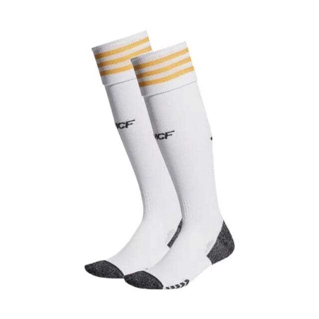 a pair of white socks with yellow stripes