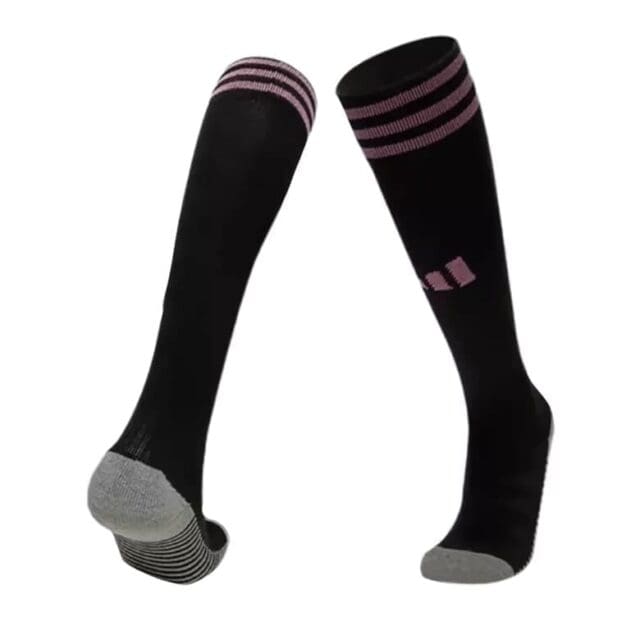 a pair of black socks with pink stripes