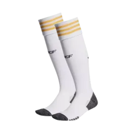 a pair of white socks with yellow stripes