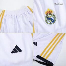 a collage of a white shorts with yellow stripes