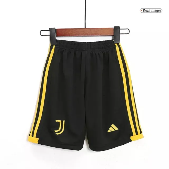 a pair of black shorts with yellow stripes