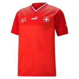 a red sports shirt with a white logo