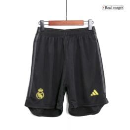 a black shorts with yellow logo on it